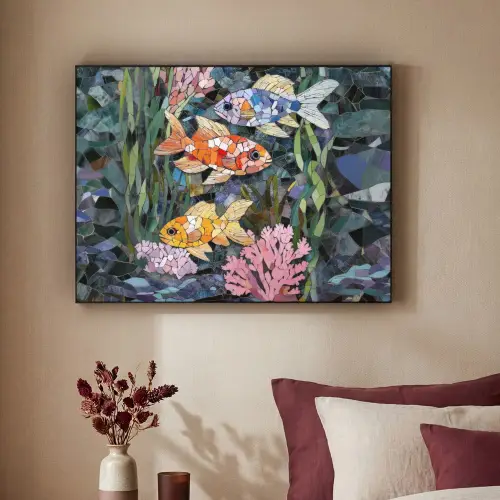 Vissen - Koraal - Zee - Mozaïek Textielframe zwart klein -sfeer1