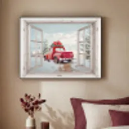 Auto - Rood - Cadeaus - Winter - Kerst - Doorkijk - Wit Textielframe zwart klein -sfeer1