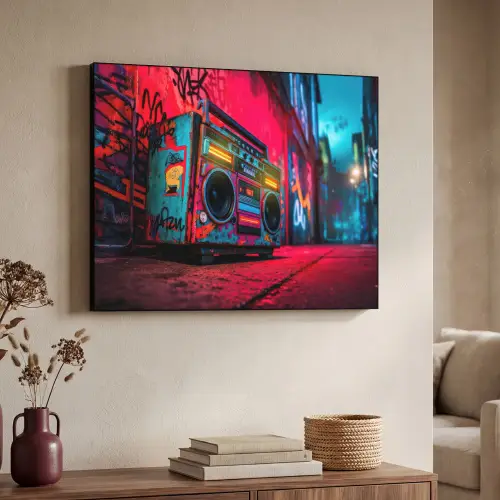 Boombox - Rood - Graffiti - Neon Textielframe zwart klein -sfeer3