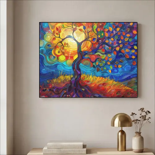 Boom - Zon - Verflook - Kleuren - Abstract Textielframe zwart klein -sfeer2