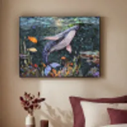 Mozaïek - Walvis - Koraal - Water Textielframe zwart klein -sfeer1