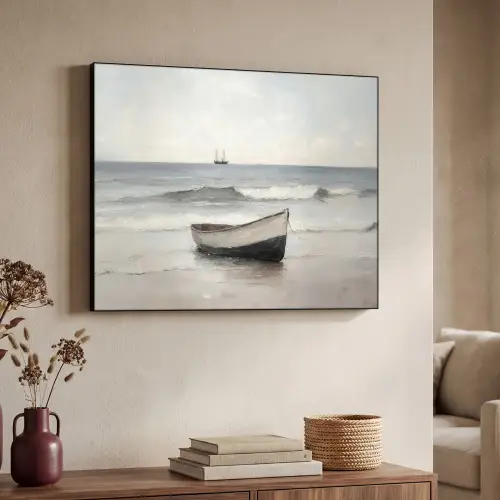 Roeiboot - Zee - Horizon Textielframe zwart klein -sfeer3
