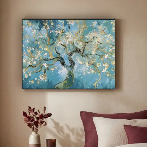 Amandelbloesem boom - Blauw - Abstract Textielframe zwart klein -sfeer1