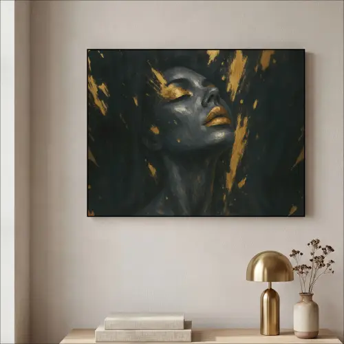 Gezicht - Vrouw - Verfspatten - Abstract Textielframe - compleet frame klein -sfeer2