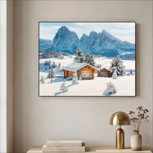 Winter - Huisje - Bergen - Uitzicht - Sneeuw Textielframe - compleet frame klein -sfeer2