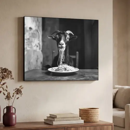Geit - Bord - Spaghetti - Zwart Wit Textielframe zwart klein -sfeer3