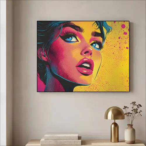 Close-up - Vrouwengezicht - Stippen - Geel Textielframe - compleet frame klein -sfeer2