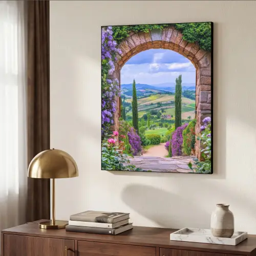 Doorkijk - Toscane - Landschap - Poort Textielframe zwart klein -sfeer3