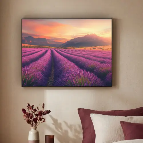 Lavendelveld - Zonsondergang - Paars Textielframe - compleet frame klein -sfeer1