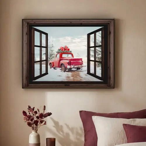 Doorkijk - Auto - Rood - Cadeaus - Winterlandschap - Kerst Textielframe zwart klein -sfeer1