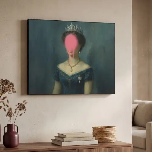 Kroon - Roze druipend verf - Portret Textielframe zwart klein -sfeer3