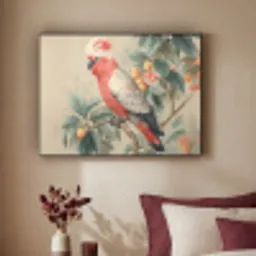 Roze kuifkaketoe - Tak met vruchten - Bladeren Textielframe - compleet frame klein -sfeer1