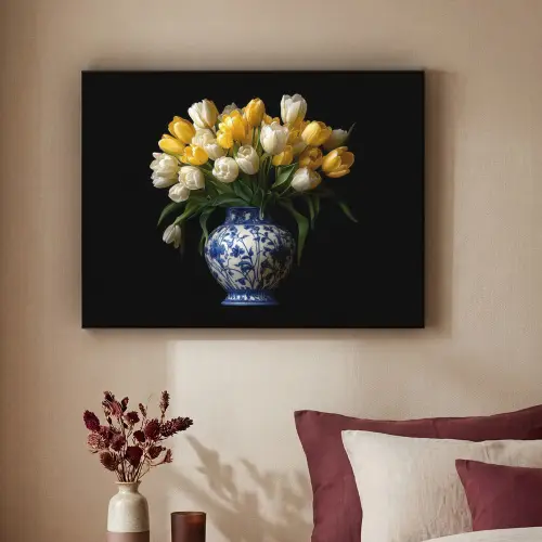 Geel - Tulpen - Vaas - Bloemen Textielframe zwart klein -sfeer1