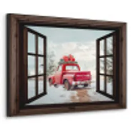 Doorkijk - Auto - Rood - Cadeaus - Winterlandschap - Kerst Textielframe - compleet frame klein -3d