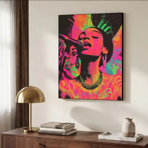 Neon - Vrouw - Microfoon Textielframe zwart klein -sfeer3