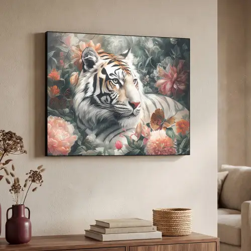 Tijger - Wilde dieren - Bloemen - Jungle Textielframe - compleet frame klein -sfeer3