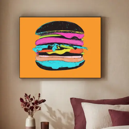 Hamburger - Kleurrijk - Speels Textielframe zwart klein -sfeer1