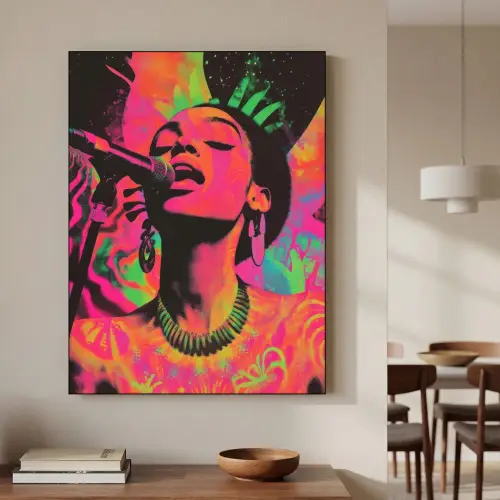 Neon - Vrouw - Microfoon Textielframe - compleet frame klein -sfeer2