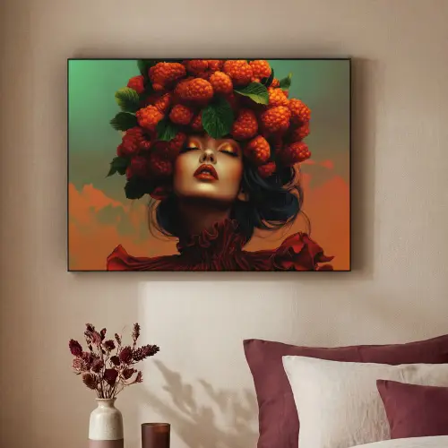 Vrouw - Frambozen - Bladeren Textielframe - compleet frame klein -sfeer1