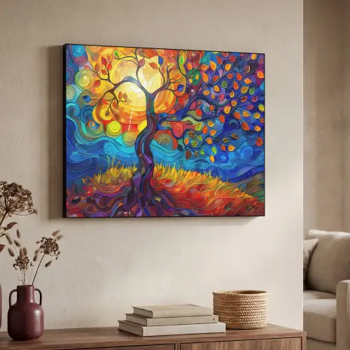 Boom - Zon - Verflook - Kleuren - Abstract Textielframe zwart klein -sfeer3