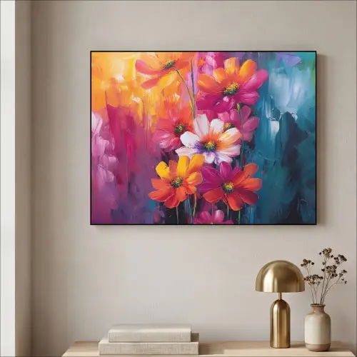 Felle bloemen - Dynamisch - Levendig Textielframe zwart klein -sfeer2