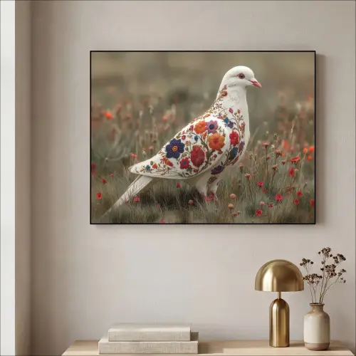 Duif - Bloemen - Natuur Textielframe zwart klein -sfeer2