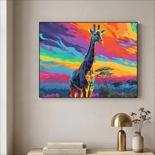 Giraffe - Savanna - Lucht - Gekleurd Textielframe - compleet frame klein -sfeer2