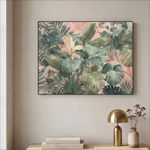 Compositie van bladeren - Groen - Roze Textielframe - compleet frame klein -sfeer2
