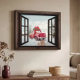 Doorkijk - Auto - Rood - Cadeaus - Winterlandschap - Kerst Textielframe zwart klein -sfeer3