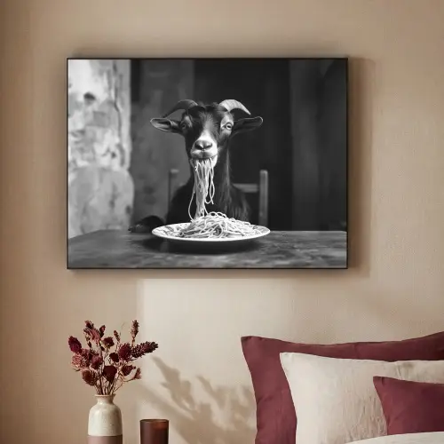 Geit - Bord - Spaghetti - Zwart Wit Textielframe zwart klein -sfeer1