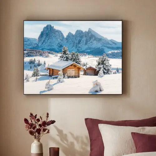 Winter - Huisje - Bergen - Uitzicht - Sneeuw Textielframe zwart klein -sfeer1