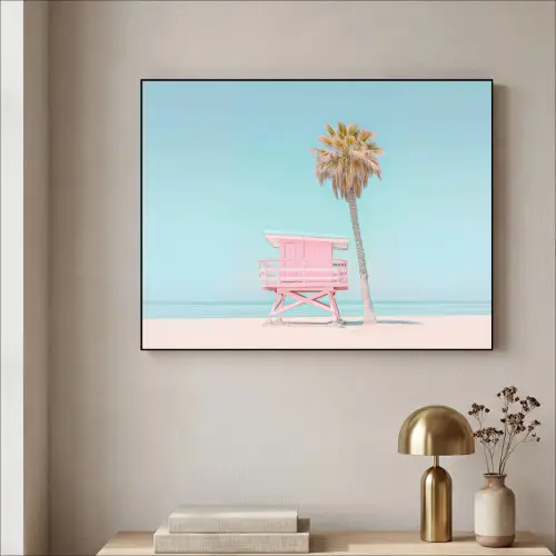 Palmboom - Strandhuis - Roze Textielframe zwart klein -sfeer2