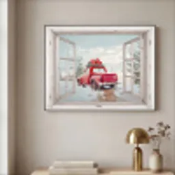 Auto - Rood - Cadeaus - Winter - Kerst - Doorkijk - Wit Textielframe zwart klein -sfeer2