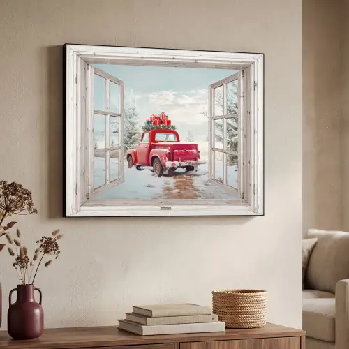 Auto - Rood - Cadeaus - Winter - Kerst - Doorkijk - Wit Textielframe zwart klein -sfeer3