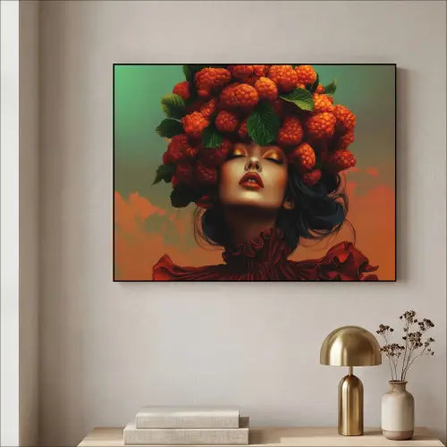 Vrouw - Frambozen - Bladeren Textielframe - compleet frame klein -sfeer2