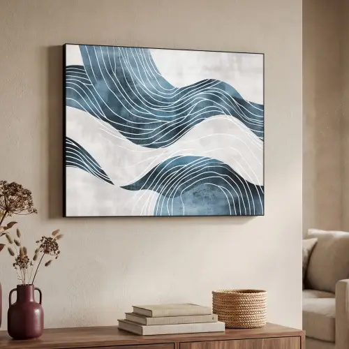 Lijnen - Golven - Abstract - Blauw Textielframe zwart klein -sfeer3