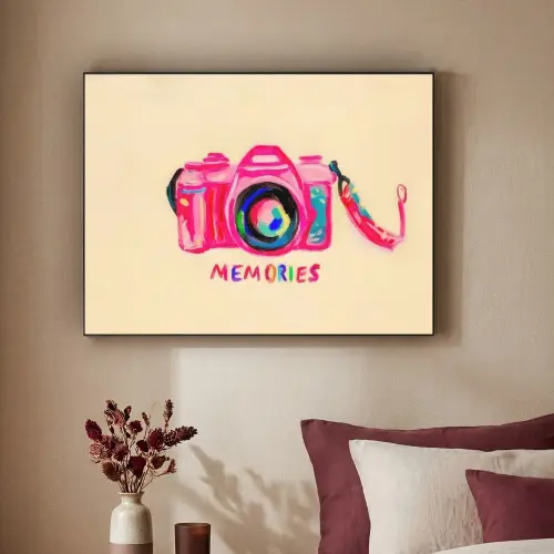 Camera - Memories - Roze - Geschilderd Textielframe zwart klein -sfeer1