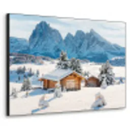 Winter - Huisje - Bergen - Uitzicht - Sneeuw Textielframe zwart klein -3d