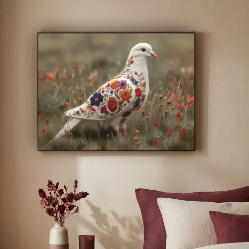Duif - Bloemen - Natuur Textielframe - compleet frame klein -sfeer1