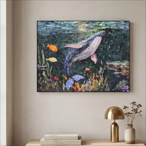 Mozaïek - Walvis - Koraal - Water Textielframe - compleet frame klein -sfeer2