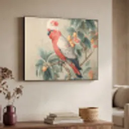 Roze kuifkaketoe - Tak met vruchten - Bladeren Textielframe - compleet frame klein -sfeer3
