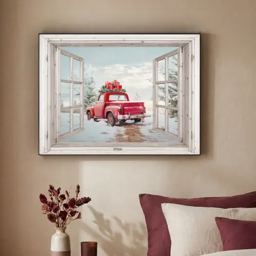 Auto - Rood - Cadeaus - Winter - Kerst - Doorkijk - Wit Textielframe - compleet frame klein -sfeer1