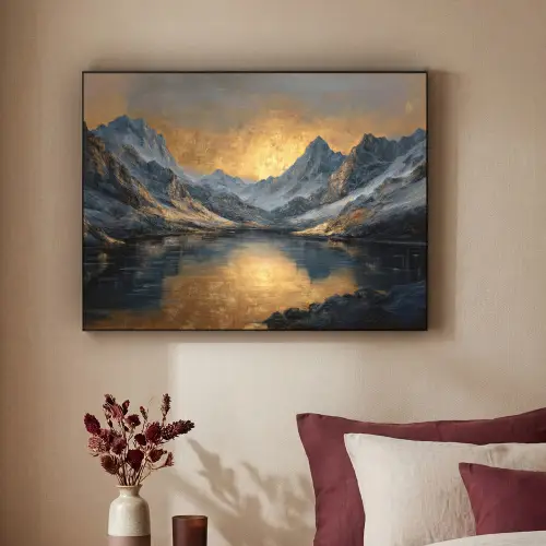 Berglandschap met Gouden Zonsondergang Textielframe zwart klein -sfeer1
