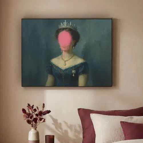 Kroon - Roze druipend verf - Portret Textielframe zwart klein -sfeer1