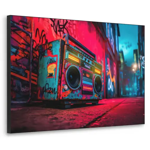 Boombox - Rood - Graffiti - Neon Textielframe zwart klein -3d