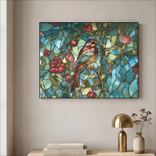 Vogel - Tak - Rozen - Mozaïek Textielframe zwart klein -sfeer2