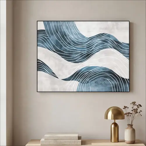 Lijnen - Golven - Abstract - Blauw Textielframe - compleet frame klein -sfeer2