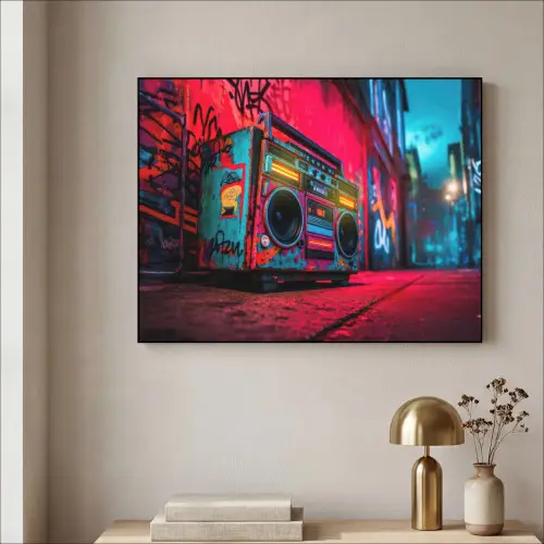 Boombox - Rood - Graffiti - Neon Textielframe - compleet frame klein -sfeer2