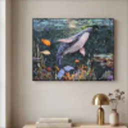 Mozaïek - Walvis - Koraal - Water Textielframe zwart klein -sfeer2