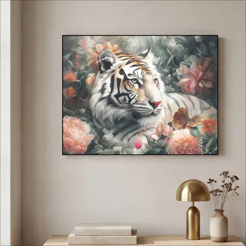 Tijger - Wilde dieren - Bloemen - Jungle Textielframe - compleet frame klein -sfeer2